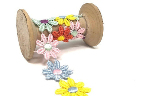 Multi Coloured Guipure Daisy Embroidered Cotton Lace Trim